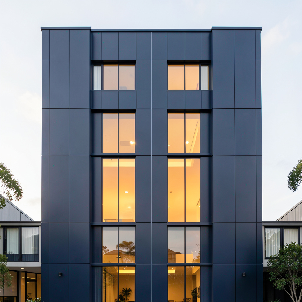 A clean architectural photograph of a modern Auckland building facade with strong symmetry, soft natural daylight, deep navy panels and warm golden window reflections.